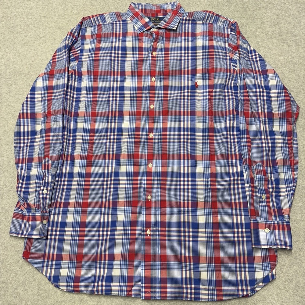 Polo Ralph Lauren Shirt Mens XLT Big Tall Blue Red Plaid Stretch Long Sleeve